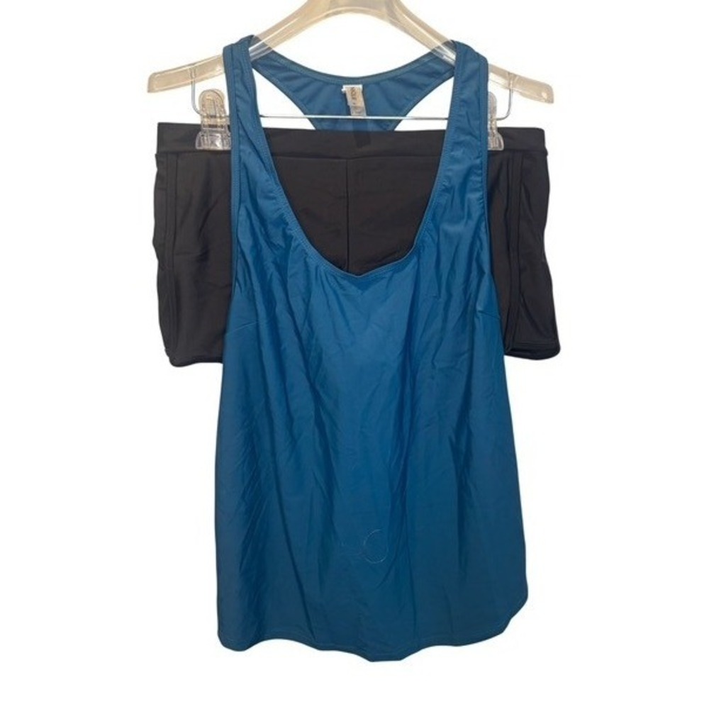Yonique Womens Teal Blue Racerback‎ Tankini Top Black Swim Shorts Set XL NEW